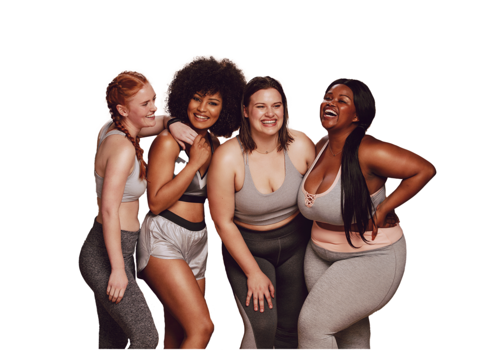 Four women in athletic wear with different body types smiling