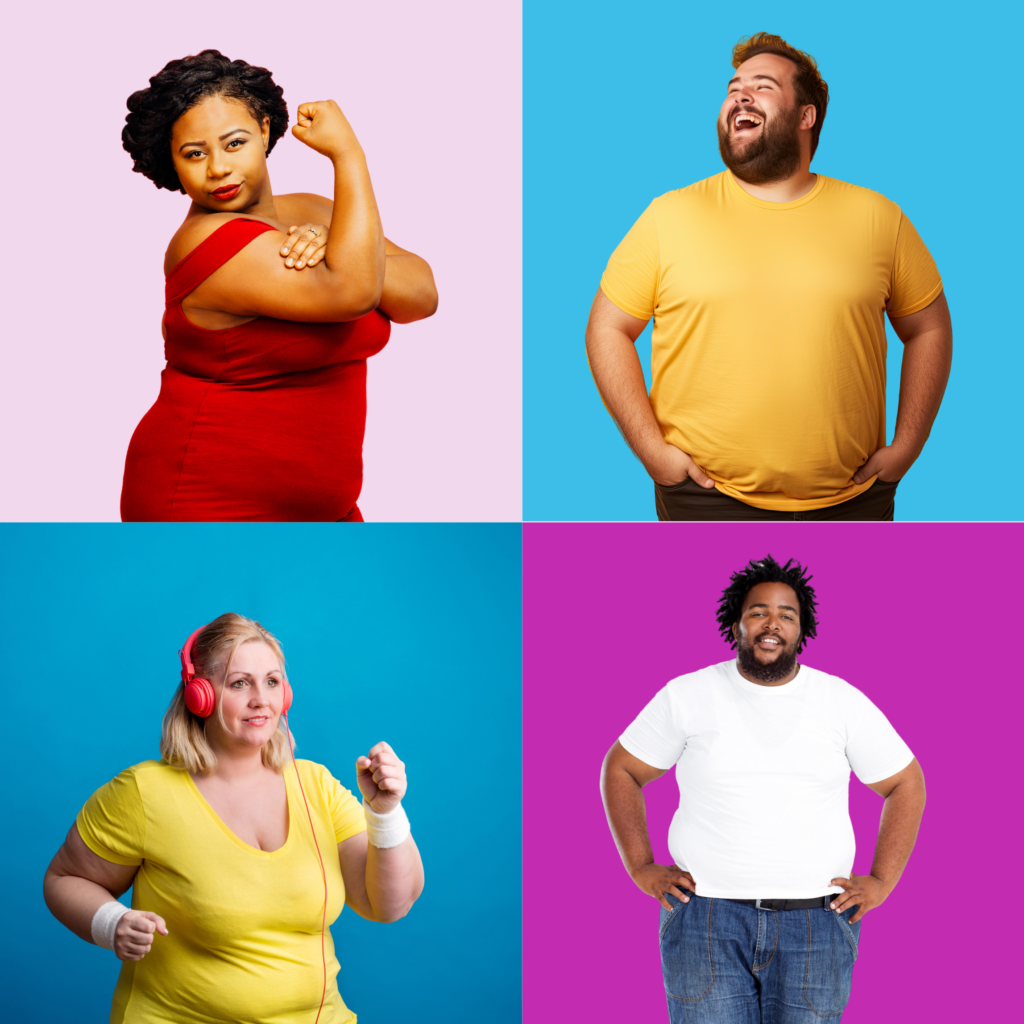 Four people in colorful squares working out.